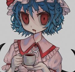  1girl bat_wings blood blood_from_mouth blood_on_face blue_hair commentary cup dress fang frills grey_background hat hat_ribbon highres holding holding_cup looking_at_viewer messy_hair mob_cap open_mouth pink_dress pink_headwear puffy_short_sleeves puffy_sleeves r_(reijibnuy2) red_eyes remilia_scarlet ribbon ribbon-trimmed_sleeves ribbon_trim short_hair short_sleeves simple_background solo symbol-only_commentary touhou upper_body vampire wings 