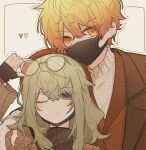  1boy 1girl beret black_mask blonde_hair brown_coat brown_headwear brown_sweater brown_vest closed_mouth coat commentary couple eyewear_on_head glasses green_hair hat highres kusanagi_nene looking_at_viewer mask mouth_mask one_eye_closed project_sekai sidelocks simple_background sweater t_nvv tenma_tsukasa turtleneck turtleneck_sweater upper_body vest violet_eyes white_background white_sweater yellow_eyes 