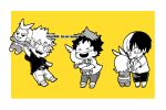  aged_down all_might bakugou_katsuki blush boku_no_hero_academia border character_doll chibi child closed_eyes commentary_request doll freckles greyscale_with_colored_background happy holding holding_doll koo1088 male_child male_focus midoriya_izuku monochrome multicolored_hair open_mouth pants shirt short_hair short_sleeves simple_background smile spiky_hair split-color_hair standing todoroki_shouto white_border yellow_background 
