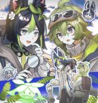  1boy 1girl absurdres animal_ear_fluff animal_ears aranara_(genshin_impact) black_hair blunt_ends bob_cut collei_(genshin_impact) collei_(kiehls&#039;)_(genshin_impact) eyewear_on_head fox_boy fox_ears genshin_impact gloves green_eyes green_hair grey_hood grey_jacket hair_ornament highres holding holding_lantern holding_magnifying_glass hood hood_down jacket lantern leaf_hair_ornament light_green_hair long_sleeves looking_at_viewer magnifying_glass multicolored_hair official_alternate_costume open_mouth pa_383xx short_hair streaked_hair tighnari_(genshin_impact) tighnari_(kiehls&#039;)_(genshin_impact) violet_eyes white_gloves 