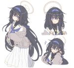  1girl black_hair black_shirt blue_archive hair_ribbon hairband holding holding_eyewear looking_at_viewer neckerchief purple_hairband purple_neckerchief ribbon satou_kibi school_uniform serafuku shirt skirt ui_(blue_archive) violet_eyes white_serafuku white_skirt 