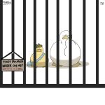  bag bird bottle_cap diva_(hyxpk) duck duckling english_text frog_headband highres no_humans numbered original prison sign simple_background white_background 
