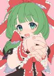  1girl absurdres blush bow brown_dress dress e_sdss fingernails frilled_bow frilled_dress frilled_ribbon frills front_ponytail green_eyes green_hair hair_bow hair_ribbon highres kagiyama_hina long_hair open_mouth pink_background puffy_short_sleeves puffy_sleeves red_bow red_ribbon ribbon short_sleeves simple_background smile solo touhou upper_body 