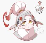  1girl 1other breath donuttypd grey_background grey_hair hair_ornament hisuian_zorua long_hair looking_away looking_up multicolored_hair open_mouth pokemon pokemon_(game) pokemon_legends:_arceus ponytail redhead white_hair yellow_eyes zorua 