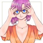  1girl blue_eyes breasts chrono_trigger closed_mouth funamince glasses highres jewelry looking_at_viewer lucca_ashtear necklace purple_hair short_hair smile solo 