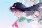  1girl black_hair closed_mouth eyelashes floating_hair from_side green_sailor_collar highres higurashi_kagome inuyasha long_hair looking_to_the_side neckerchief ravenya0w0 red_neckerchief sailor_collar school_uniform shirt solo upper_body white_shirt 