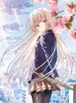  1girl arms_behind_back black_pantyhose blazer blonde_hair blue_jacket blunt_bangs bow bowtie cherry_blossoms closed_mouth clouds cloudy_sky cover dvd_cover floating_hair flower hanekoto holding holding_umbrella jacket long_hair long_sleeves looking_at_viewer looking_back official_art otonari_no_tenshi-sama_ni_itsu_no_mani_ka_dame_ningen_ni_sarete_ita_ken outdoors pantyhose pink_flower pleated_skirt red_bow red_bowtie school_uniform shiina_mahiru_(otonari_no_tenshi-sama) shoes skirt sky solo spring_(season) stairs sunlight umbrella yellow_eyes 