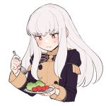  1girl black_jacket blush cropped_torso do_m_kaeru fire_emblem fire_emblem:_three_houses fork garreg_mach_monastery_uniform hand_up holding holding_fork holding_plate jacket juliet_sleeves lettuce long_hair long_sleeves lysithea_von_ordelia pink_eyes plate puffy_sleeves sidelocks simple_background solo tomato upper_body white_background white_hair 