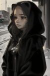  1girl ai-generated black_hoodie commentary depressed english_commentary highres hood hoodie lindezablue outdoors sad solo stable_diffusion tagme 