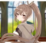  1girl ahoge blurry blurry_background brown_capelet brown_cloak brown_corset brown_eyes brown_hair cape capelet cloak corset crossed_bangs feather_hair_ornament feathers grin hair_ornament hairclip hieroglyphics highres hololive hololive_english long_hair looking_at_viewer multicolored_hair nanashi_mumei notobi ponytail ribbon shirt smile streaked_hair very_long_hair virtual_youtuber white_shirt window 