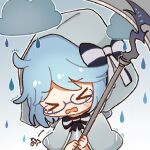  1girl blue_hair crying glasses grim_reaper_hana guardian_tales holding holding_weapon ke_ranbing rain sad weapon 