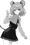  1girl animal_ears capelet cowboy_shot dress greyscale grin hair_between_eyes jewelry long_sleeves monochrome mouse_ears mouse_tail nazrin onkn_sxkn pendant short_hair simple_background smile solo tail touhou v white_background 