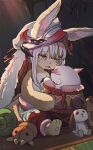  2others :3 absurdres androgynous animal_ears body_fur brown_fur chinese_commentary commentary ears_through_headwear fake_horns furry half-closed_eyes helmet highres horizontal_pupils horned_helmet horns joker_(jjjokerrr233) light_smile looking_at_another made_in_abyss mitty_(made_in_abyss) multicolored_pants multiple_others nanachi_(made_in_abyss) other_focus puffy_pants rabbit_ears sitting stuffed_animal stuffed_toy topless underground whiskers white_hair 