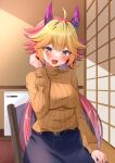  1girl absurdres ahoge belt black_belt blonde_hair blue_skirt blush breasts brown_sweater commentary commission cowboy_shot fang hair_between_eyes hand_up highres horns impossible_clothes indie_virtual_youtuber indoors large_breasts long_hair long_sleeves looking_at_viewer multicolored_hair open_mouth pink_hair purple_horns ribbed_sweater skeb_commission skin_fang skirt solo sweater two-tone_hair very_long_hair virtual_youtuber yamae_saki yellow_eyes yuno_kisen 
