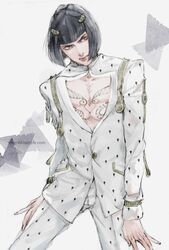  1boy black_eyes black_hair blunt_bangs bob_cut bruno_bucciarati closed_mouth jacket jojo_no_kimyou_na_bouken kayaze lips long_sleeves male_focus pants solo vento_aureo white_background white_jacket white_pants 