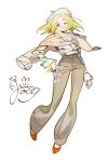  1girl alternate_costume bianca_(pokemon) blonde_hair comfeer commission eyewear_on_head full_body glasses green_eyes hand_on_own_hip looking_at_viewer pants pokemon pokemon_(game) pokemon_bw2 red_footwear signature simple_background smile white_background 