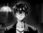  1boy amamiya_ren blurry blurry_background glasses greyscale hair_between_eyes hanging_light indoors jacket looking_at_viewer male_focus monochrome open_clothes open_jacket persona persona_5 shirt solo um_zum upper_body 