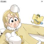  1girl :o bag bird blonde_hair bottle_cap cup diva_(hyxpk) duck duckling frog_headband fur-trimmed_pajamas highres numbered object_on_head original pajamas pillow simple_background teacup waking_up wet wet_hair yellow_pajamas 