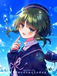  1boy blue_shirt blue_sky blush clouds cloudy_sky green_eyes green_hair highres male_focus minami_(wadanohara) ocean oounabara_to_wadanohara open_mouth pointing pointing_at_self sailor_collar shirt sky smile solo sweetmeloday white_shirt 
