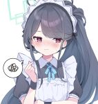  &lt;key&gt;_(blue_archive) 1girl aris_(blue_archive) aris_(maid)_(blue_archive) black_hair blue_archive blush closed_mouth halo highres long_hair looking_to_the_side maid maid_headdress mola_mola ponytail red_eyes short_sleeves simple_background solo upper_body white_background 