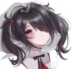  1girl ame-chan_(needy_girl_overdose) black_bow black_bowtie black_eyes black_hair blush bow bowtie closed_mouth commentary frills gathers grey_background hair_ornament hair_over_one_eye half-closed_eyes head_back high_collar light_frown looking_at_viewer medium_hair needy_girl_overdose portrait solo twintails twitter_username two-tone_background utugianone white_background x_hair_ornament 