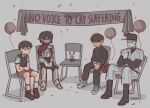  1other 3boys armor balloon banner baseball_uniform black_hair chair closed_mouth commentary crossover deltarune english_commentary english_text gakuran grey_background hat hollow_knight kageyama_shigeo knight_(hollow_knight) kris_(deltarune) long_sleeves male_focus mob_psycho_100 mp100days multiple_boys multiple_crossover off_(game) omori own_hands_together pants school_uniform shirt shoes short_hair shorts simple_background sitting sportswear sunny_(omori) the_batter_(off) 