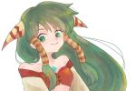  1girl bare_shoulders breasts closed_mouth feena_(grandia) grandia grandia_i green_eyes green_hair hair_ornament hair_tubes jewelry korunosabu long_hair looking_at_viewer midriff necklace simple_background smile solo white_background 