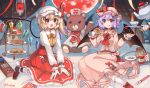  1other 2girls :d :p adapted_costume arm_support bandaged_hand bandages bat_wings blonde_hair blood blood_bag blush commentary_request crystal cup curtains dress flandre_scarlet food full_body hand_up hat highres holding holding_food holding_saucer indoors kirero mob_cap moon multiple_girls on_bed one_side_up open_mouth pink_dress pointy_ears pouring purple_hair red_dress red_eyes red_moon remilia_scarlet saucer siblings sisters sitting smile stuffed_animal stuffed_toy syringe teacup teapot teddy_bear tongue tongue_out touhou wariza window wings yokozuwari 
