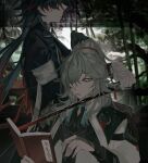  2boys absurdres bandaged_hand bandages black_hair blade_(honkai:_star_rail) blade_to_throat book chinese_clothes facing_to_the_side facing_viewer grey_hair gumiie half_updo high_ponytail highres holding holding_sword holding_weapon honkai:_star_rail honkai_(series) jing_yuan looking_down male_focus mole mole_under_eye multiple_boys open_book red_eyes sword weapon yellow_eyes 