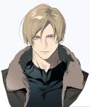  1boy black_shirt closed_mouth grey_background grey_eyes hair_between_eyes highres jacket leon_s._kennedy light_brown_hair looking_at_viewer male_focus noren_(noren1512) open_clothes open_jacket profile resident_evil resident_evil_4 shirt simple_background solo 