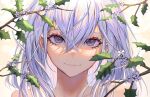  1girl absurdres branch closed_mouth commentary crossed_bangs dated_commentary english_commentary eyelashes flower grey_eyes grey_hair gweni hair_between_eyes highres leaf light_smile looking_at_viewer medium_hair original portrait solo white_flower 