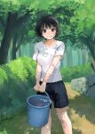  1girl absurdres black_eyes black_hair black_shorts breasts bucket day fish forest grin highres holding holding_bucket looking_at_viewer medium_breasts mmmo3 nature original outdoors parted_lips shirt short_hair short_sleeves shorts smile solo teeth tree water white_shirt 