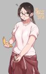  1girl ? agawa_ryou ball banana black_hair braid breasts clothes_around_waist dated english_commentary food fruit glasses holding holding_ball holding_food holding_fruit jacket jacket_around_waist jersey long_hair looking_at_viewer original shirt short_sleeves signature simple_background solo sportswear twin_braids twintails white_shirt 