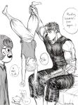  2girls 3boys aki_(akistrike) anger_vein angry bandaged_arm bandaged_hand bandages berserk black_tank_top commentary dangling drawing drawing_on_another&#039;s_face english_commentary english_text evarella_(berserk) guts_(berserk) holding holding_another&#039;s_foot holding_paintbrush isidro_(berserk) looking_at_another multiple_boys multiple_girls paintbrush prosthesis prosthetic_arm puck_(berserk) schierke_(berserk) speech_bubble spiky_hair tank_top upside-down 