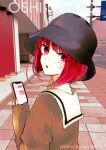  1girl absurdres arima_kana black_headwear bob_cut brown_sweater dated highres holding holding_phone inverted_bob looking_at_viewer oshi_no_ko phone red_eyes redhead road sailor_collar solo street sweater twitter_username yurigera_8959 