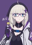  1girl aa-12_(girls&#039;_frontline) absurdres ahoge bespectacled black_gloves black_headwear black_jacket black_shirt black_stripes blue_eyes blue_headwear blunt_bangs blunt_ends breasts bright_pupils candy character_name collarbone commentary detached_collar drawstring food frown girls_frontline glasses gloves hair_ornament highres holding holding_food hood hood_down hooded_jacket jacket lollipop long_sleeves looking_away medium_hair multicolored_clothes multicolored_jacket open_clothes open_jacket pale_skin papaia_(quentingqoo) purple-framed_eyewear purple_background purple_gloves purple_jacket shirt simple_background sleeveless sleeveless_shirt small_breasts snap-fit_buckle solo star_(symbol) star_hair_ornament star_in_eye striped striped_jacket symbol_in_eye triangle turtleneck two-tone_gloves upper_body weapon_name white_hair white_jacket white_pupils zipper 