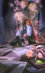  3boys blonde_hair blue_feathers cape earrings feathers flower gem genshin_impact gold_earrings gold_necklace gold_trim green_gemstone highres jewelry kaveh_(genshin_impact) long_hair long_sleeves looking_at_viewer male_focus multiple_boys necklace paper pink_flower red_cape red_eyes shirt shoulder_cape sitting thijikoy vision_(genshin_impact) white_shirt 