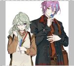  1boy 1girl blue_hair blue_jacket brown_bag brown_shirt collared_shirt flower gagseol-i green_hair holding holding_flower jacket kamishiro_rui kusanagi_nene long_sleeves looking_at_another multicolored_hair necktie project_sekai purple_hair red_necktie shirt side_ponytail simple_background streaked_hair sweater_vest upper_body violet_eyes white_background white_sweater_vest yellow_eyes zozotown 