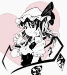  1girl closed_mouth commentary cropped_torso crystal flandre_scarlet greyscale greyscale_with_colored_background hanokami hat hat_ribbon heart high_contrast highres looking_at_viewer medium_hair mob_cap monochrome one_side_up ribbon solo touhou wings wrist_cuffs 