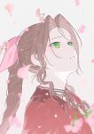  1girl aerith_gainsborough blurry blurry_foreground braid braided_ponytail brown_hair cherry_blossoms choker falling_petals final_fantasy final_fantasy_vii final_fantasy_vii_remake flower_choker gongju_s2 green_eyes hair_ribbon highres jacket long_hair looking_up parted_bangs parted_lips petals pink_ribbon red_jacket ribbon sidelocks single_braid solo wavy_hair 