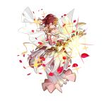  1girl aiming anna_(fire_emblem) attack bare_shoulders bouquet bow_(weapon) breasts closed_mouth detached_sleeves dress feather_trim fire_emblem fire_emblem_heroes flower flower_brooch gold_bracelet gold_choker high_ponytail holding holding_bouquet holding_bow_(weapon) holding_weapon medium_breasts official_alternate_costume official_art open_mouth ponytail red_eyes red_flower red_rose redhead rose smile sparkle v-shaped_eyebrows weapon white_background white_dress yellow_flower yellow_rose 