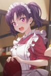  1girl apron breasts commentary embarrassed holding holding_tray kazuno_leah long_hair looking_at_viewer love_live! love_live!_sunshine!! maid_apron maid_headdress parted_bangs pink_eyes purple_hair shamakho signature small_breasts tray twintails upper_body 