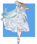  1girl :d aqua_eyes aqua_hair arm_behind_head blue_background blue_footwear border brown_headwear capelet dress full_body hat highres long_hair looking_at_viewer open_mouth original simple_background smile solo straw_hat white_border white_capelet white_dress yumesakafue 