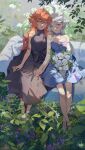  2girls ahoge alternate_costume black_dress blue_dress bouquet day dress forest gundam gundam_suisei_no_majo highres holding holding_bouquet holding_hands interlocked_fingers long_hair looking_at_viewer miorine_rembran multiple_girls nature otuming outdoors plant redhead shoes smile suletta_mercury thick_eyebrows toes white_hair yuri 