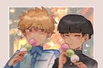  2boys black_hair blonde_hair blue_shirt blunt_bangs blurry blurry_background border bowl_cut brown_eyes closed_eyes closed_mouth commentary dango eating food gakuran hanazawa_teruki heart holding holding_food kageyama_shigeo looking_at_another male_focus mob_psycho_100 mp100days multiple_boys necktie school_uniform shirt short_hair smile upper_body wagashi 