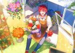  1boy amagi_rinne apron blue_pants closed_eyes collared_shirt commentary ensemble_stars! flower grass holding holding_flower holding_flower_pot male_focus open_mouth orange_apron pants pink_flower plant potted_plant purple_flower redhead riri_(artist) shirt short_hair sitting sleeves_rolled_up solo twitter_username yellow_flower 