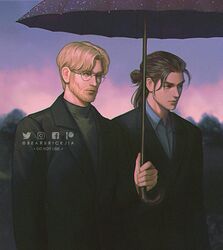  2boys beard black_jacket blonde_hair blue_eyes blue_shirt blurry blurry_background brothers brown_hair collared_shirt eren_yeager facial_hair glasses green_shirt hair_bun hair_pulled_back holding holding_umbrella jacket karmen_loh male_focus medium_hair multiple_boys outdoors parted_bangs shingeki_no_kyojin shirt short_hair siblings suit_jacket turtleneck twitter_username umbrella upper_body zeke_yeager 