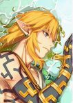  1boy arm_tattoo blonde_hair blue_eyes body_markings closed_mouth earrings eorinamo green_tunic hair_between_eyes jewelry link looking_to_the_side male_focus medium_hair partially_submerged pointy_ears sidelocks single_bare_shoulder solo tattoo the_legend_of_zelda the_legend_of_zelda:_tears_of_the_kingdom toned toned_male upper_body 