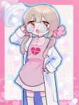  &gt;_&lt; 1girl apron collared_dress dress glasses hair_ornament hand_on_eyewear hand_on_own_hip highres kurumi_sumire lab_coat light_brown_hair long_hair long_sleeves looking_at_viewer low_twintails natori_sana open_mouth pill pink_apron rabbit_hair_ornament red_eyes sana_channel solo standing twintails virtual_youtuber white_dress 