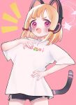  1girl animal_ear_headphones animal_ears black_shorts blonde_hair blue_archive bow cat_ear_headphones cat_ears cat_tail character_name clothes_writing fake_animal_ears fake_tail hair_bow halo hand_on_own_chest hand_on_own_hip headphones highres momoi_(blue_archive) mukooooou open_mouth pink_background pink_eyes ribbon shirt short_hair short_shorts short_sleeves shorts simple_background smile solo tail white_shirt 